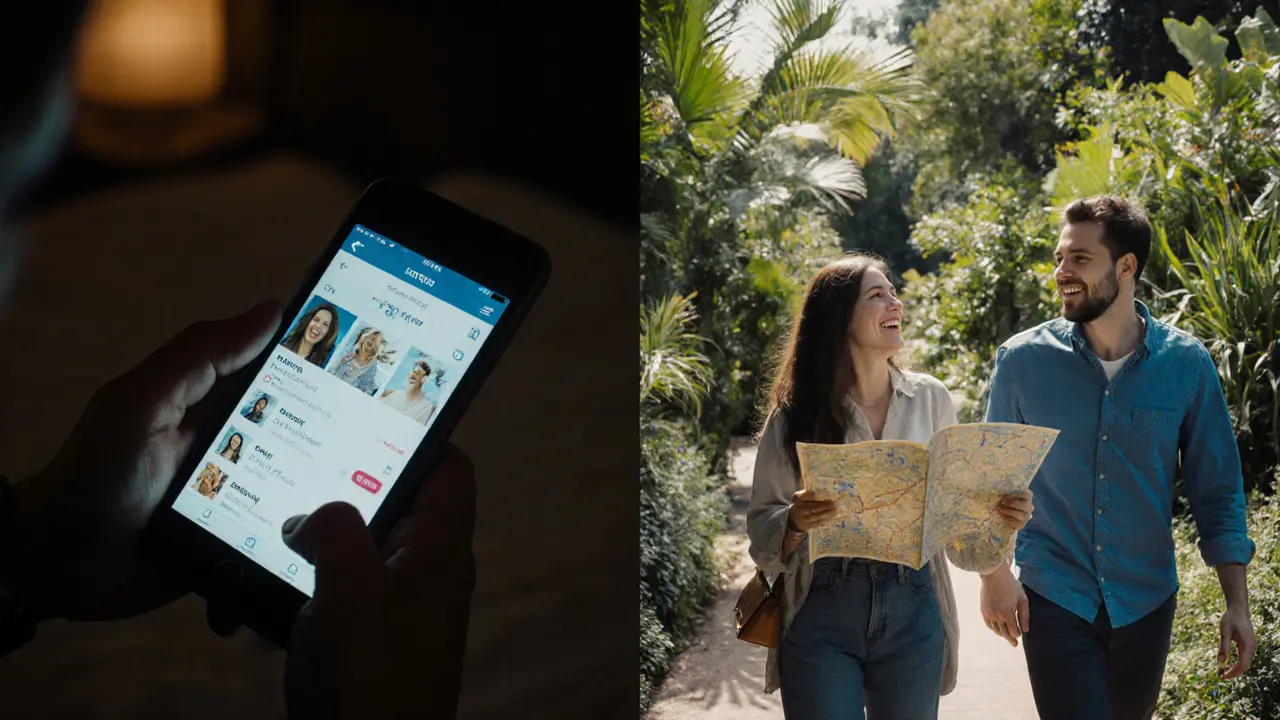 Split scene: one side shows phone scrolling in a dark room, the other shows a walk in a garden with a companion.