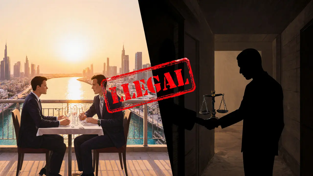 Split-screen: legal companion dining at sunset vs. illegal transaction in shadowy alley.