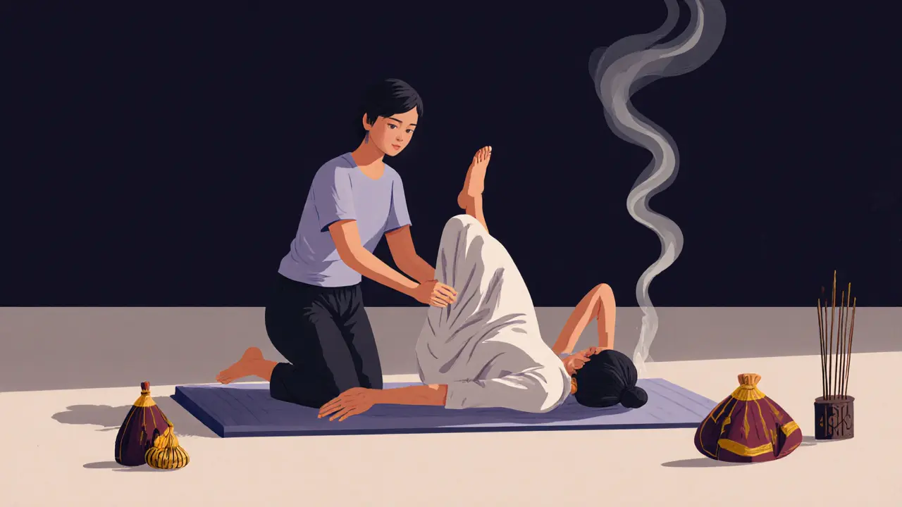 Thai massage session with therapist guiding client through a stretch in a quiet, minimalist studio.