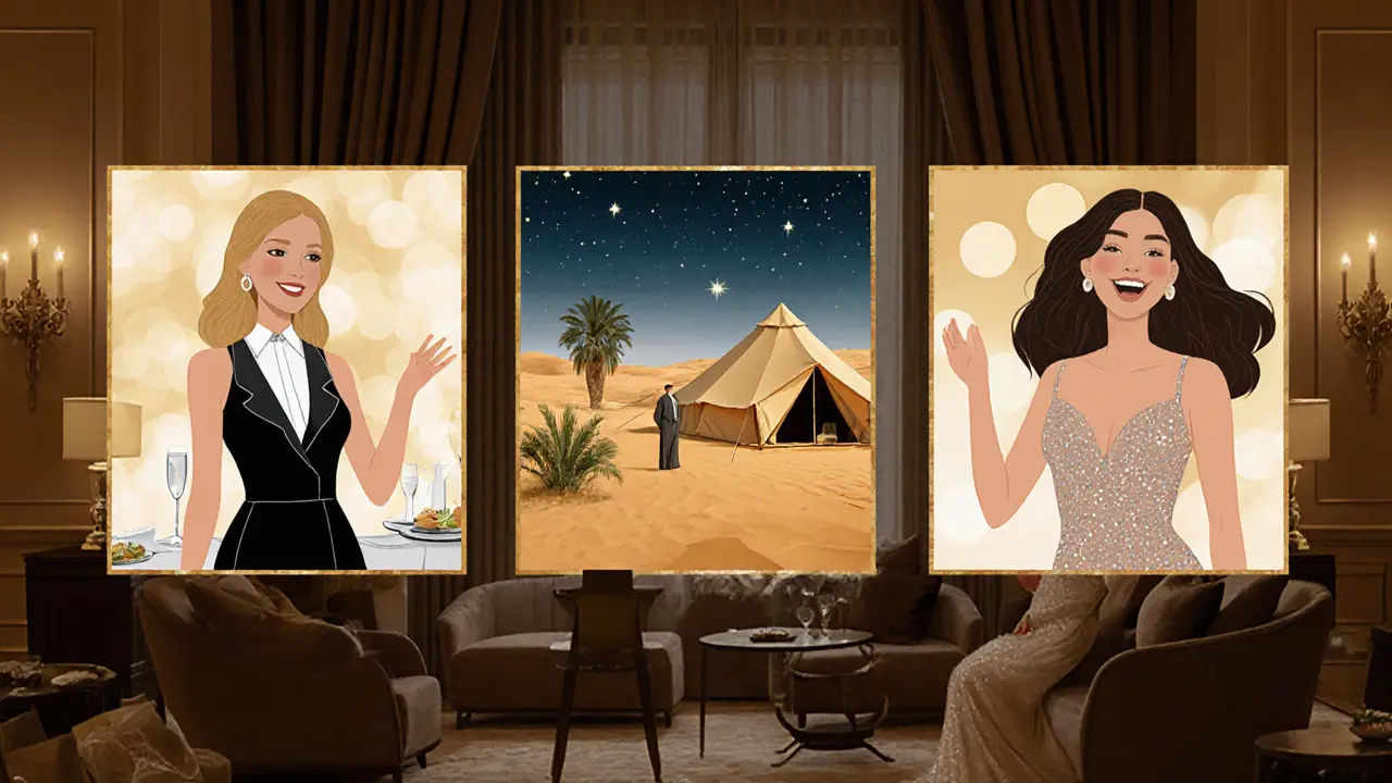 Three professional companions in different settings: at a dinner, in the desert, and at a wedding gala, each embodying a unique role.