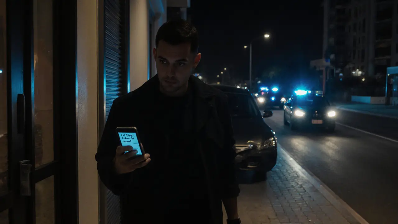 Tourist walking away from private apartment at night, police cars in distance, tense atmosphere.