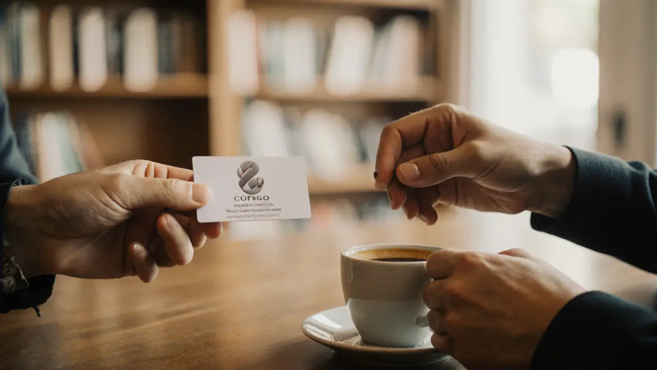 Two hands exchanging a business card in a cozy café, conveying trust and respectful connection.