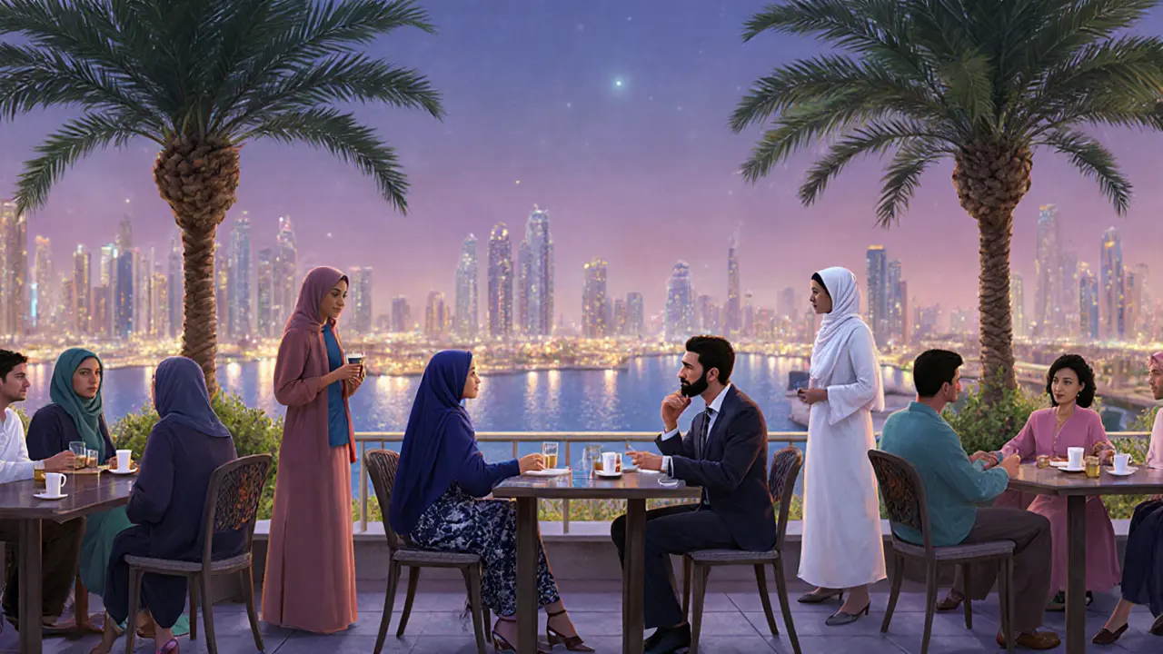 Two people converse calmly at a rooftop garden bar in Dubai Marina under city lights.