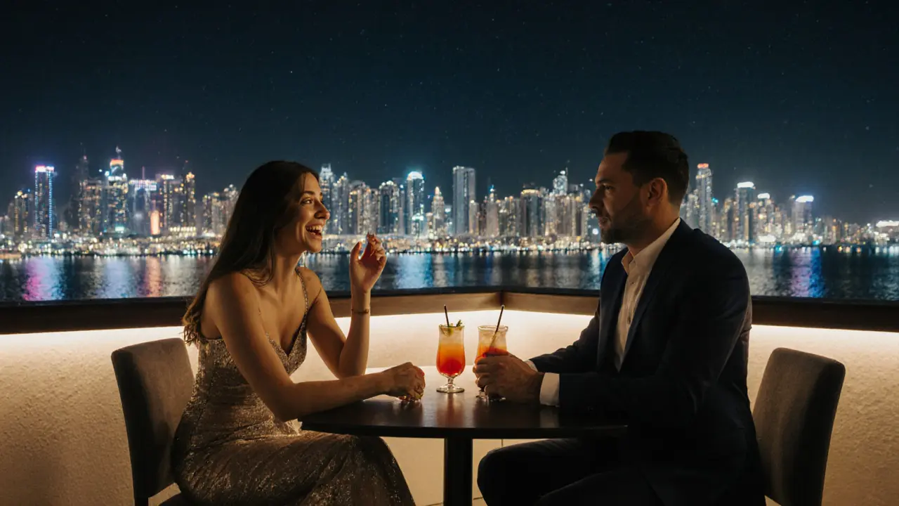 Two people laughing softly at a rooftop bar in Dubai, enjoying cocktails as the city sparkles at night.