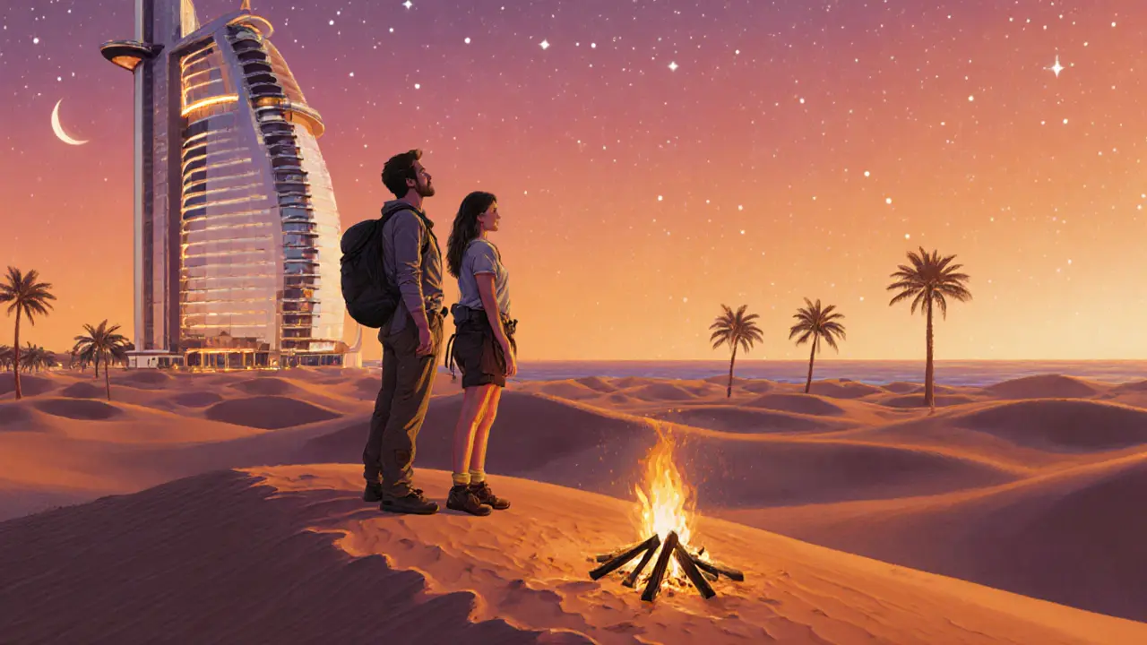 Two people on a desert dune at sunset, Palm Jumeirah visible far away, warm fire glowing below as stars emerge.