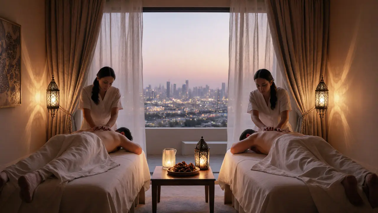 Two people relax side by side during a couples massage in a softly lit bedroom with lanterns and a city view.