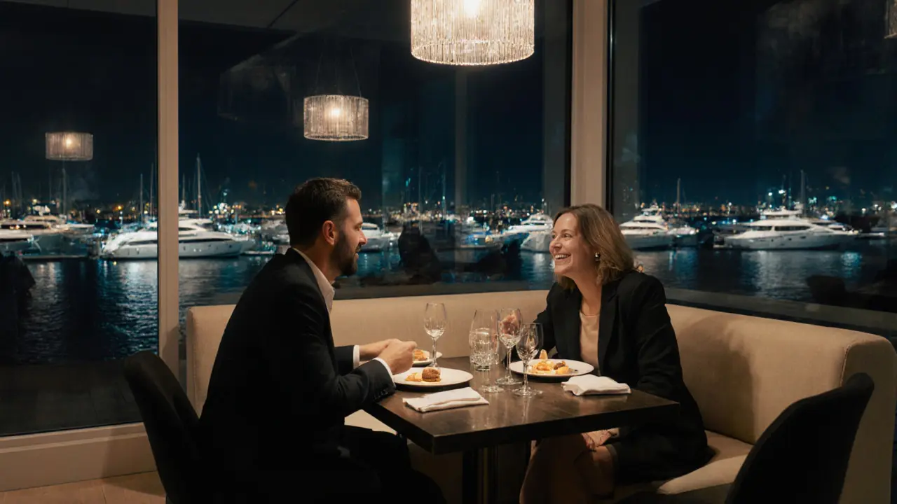 Two people sharing a quiet moment in a luxurious Dubai hotel lounge at night.