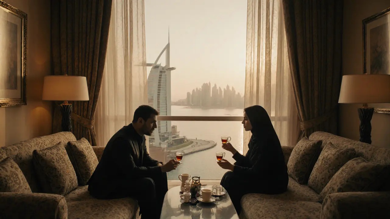 Two people sitting respectfully on a hotel sofa in Dubai, engaged in calm conversation.