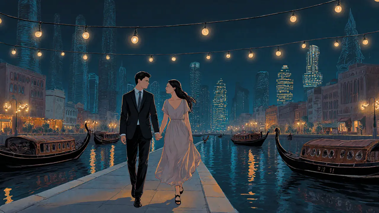 Two people walking along Dubai Creek at night, surrounded by traditional boats and city lights, sharing a moment of companionship.