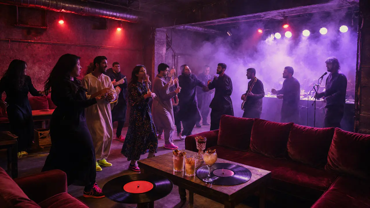 Underground club in Alserkal Avenue with velvet couches, vinyl DJ, and diverse crowd dancing under colored lights.