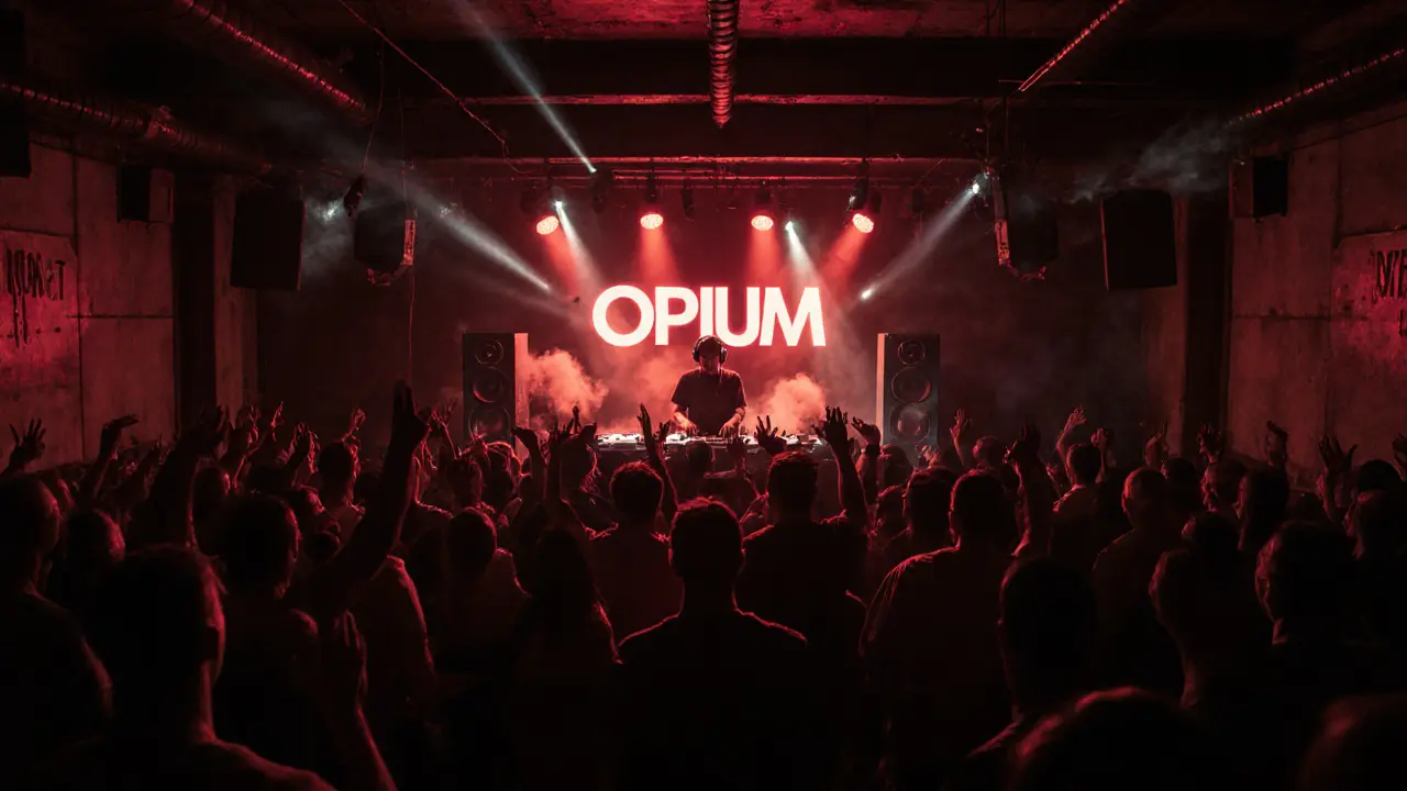 Underground techno club Opium with dense crowd dancing in dim red lighting and laser beams.
