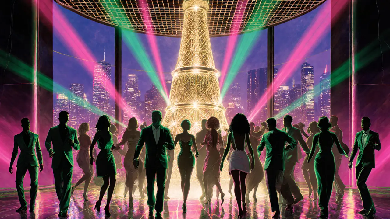 Vibrant nightclub interior with diverse crowd dancing under lasers and champagne towers, city skyline visible through windows.