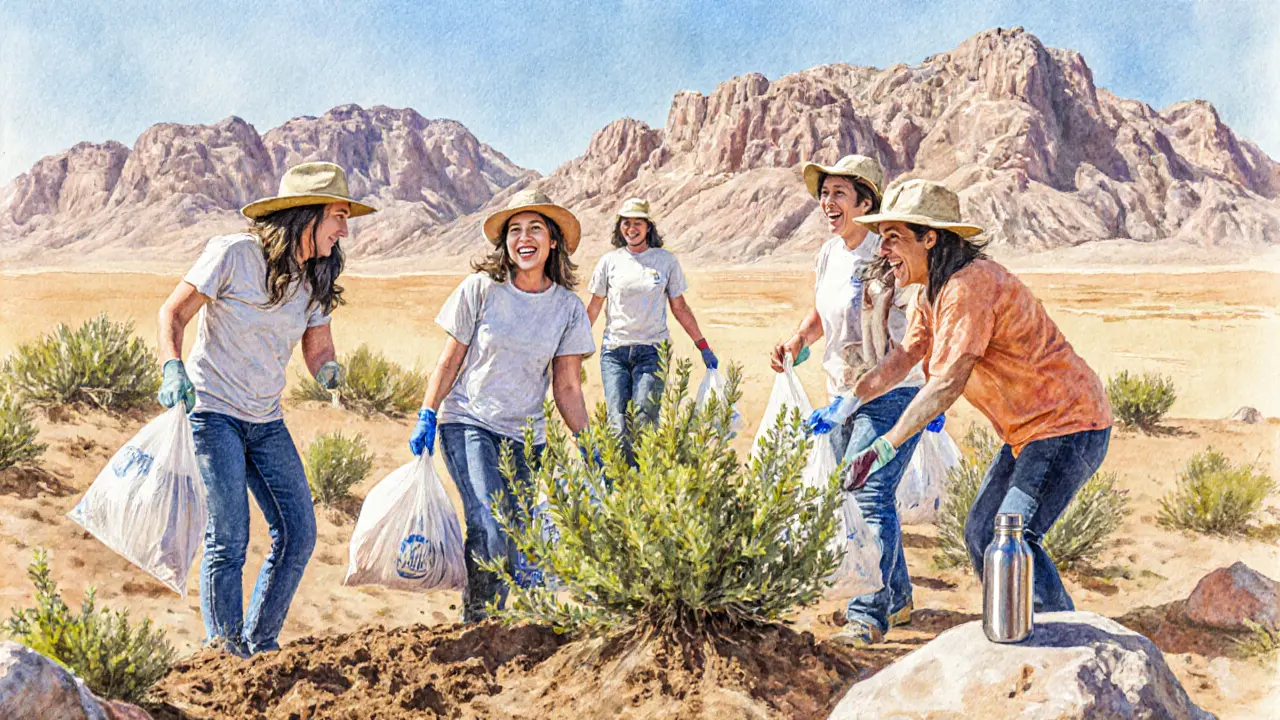 Volunteers planting shrubs in the desert during a community cleanup event.