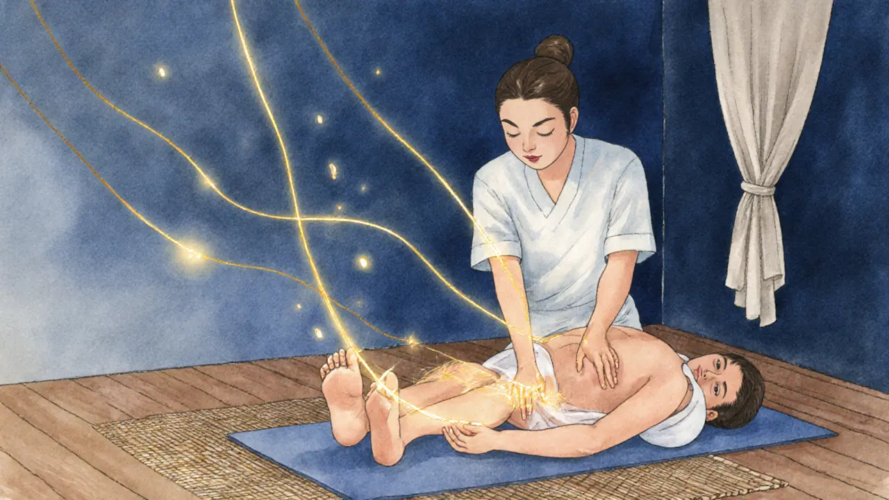 Watercolor illustration of energy lines glowing as therapist works on client&#039;s legs during Thai massage