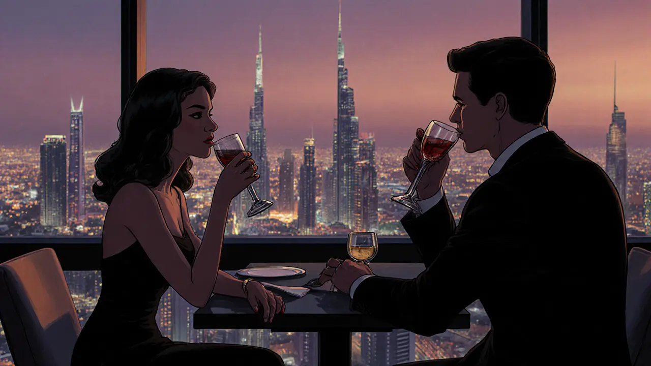 Woman and client dining quietly at a rooftop restaurant in Dubai with city lights behind them.