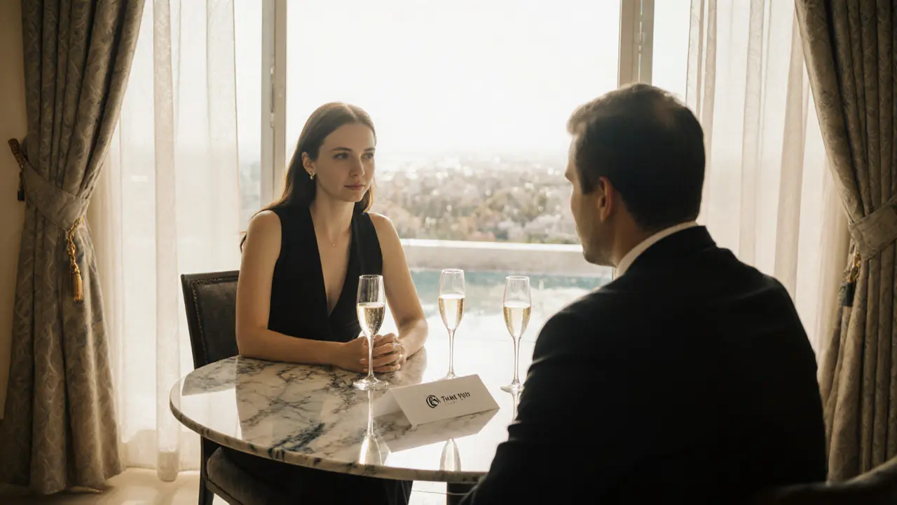 Woman and man dining privately at a villa, discreet note and cash on table, sunlight through curtains.