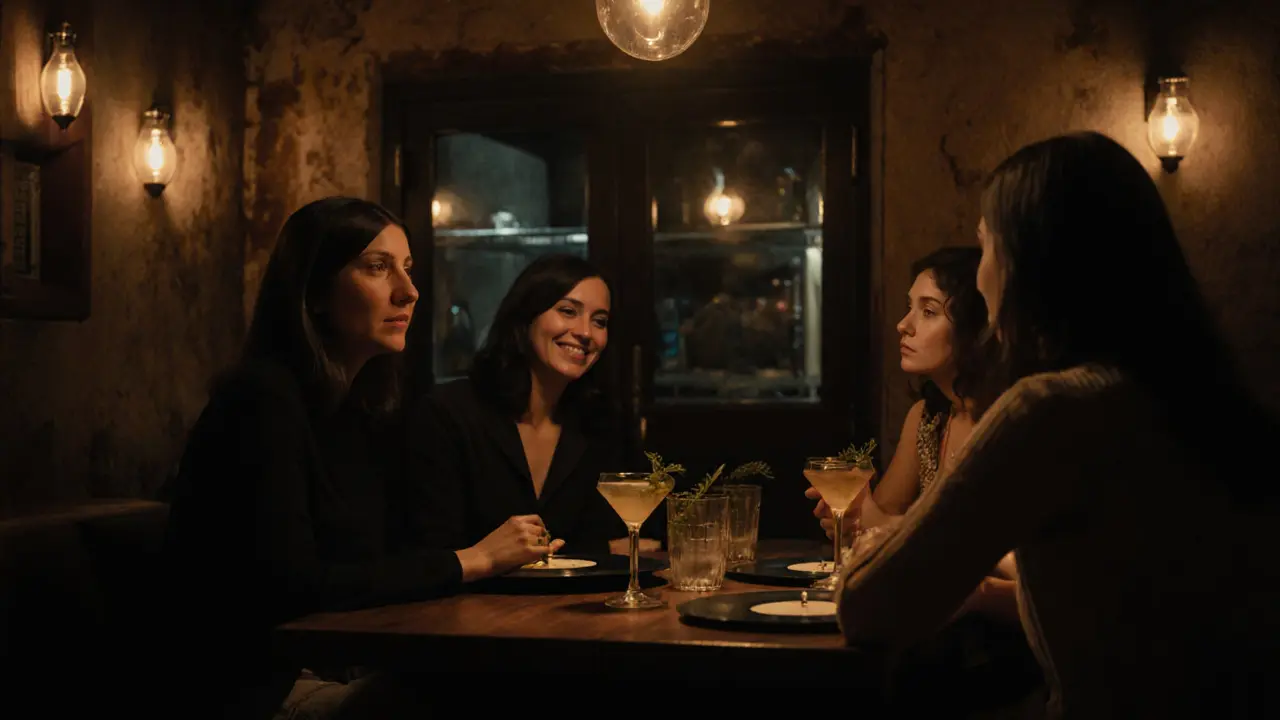 Women chatting quietly in a dim speakeasy bar with vintage vinyl and artisanal cocktails, warm ambient lighting.