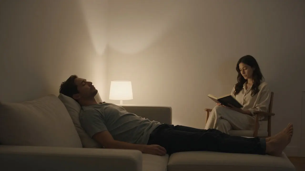 A calm, non-intimate moment in a Dubai apartment where two people share peaceful presence.