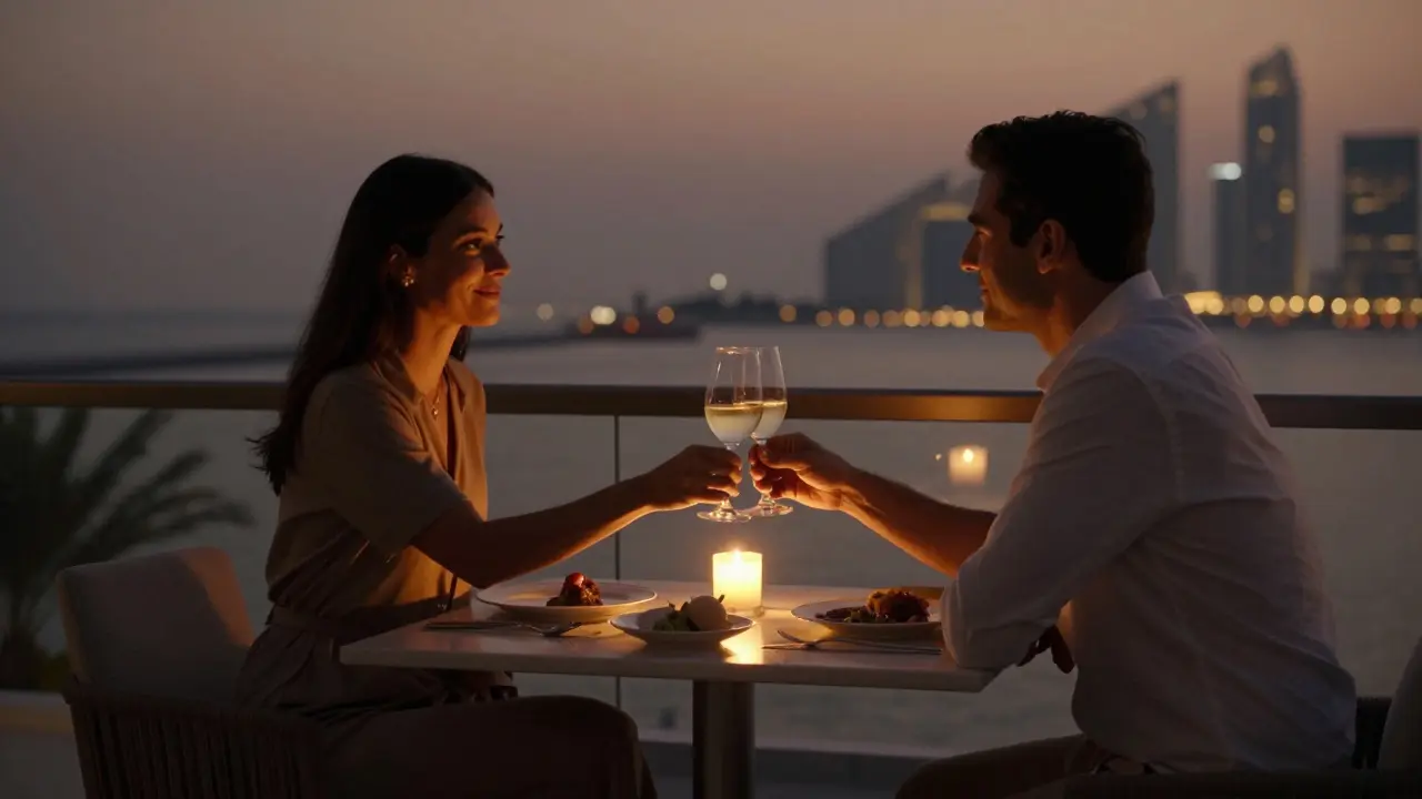 A couple enjoying a calm, intimate dinner in a private Palm Jumeirah apartment.