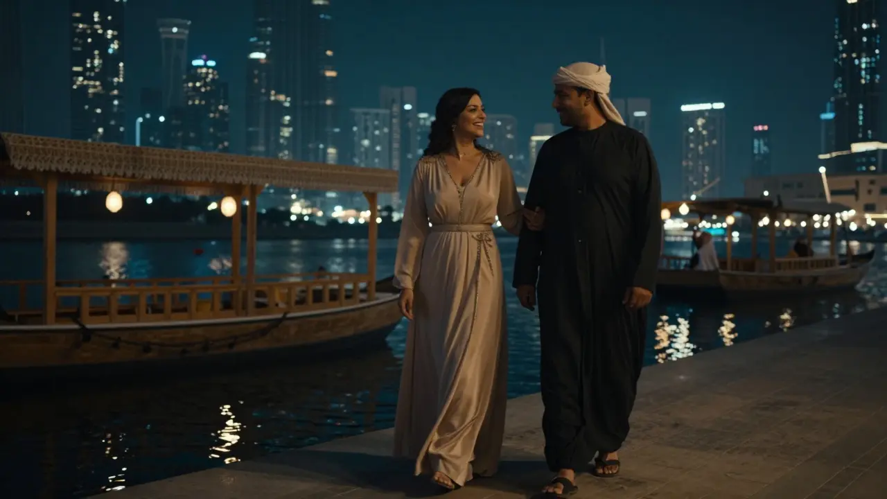 A couple walking along Dubai Creek at night, enjoying the city lights in elegant companionship.