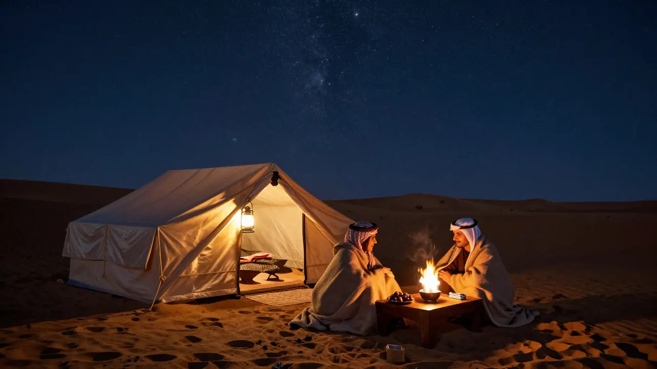 A desert camp at night under stars, couple wrapped in blankets beside a flickering fire.