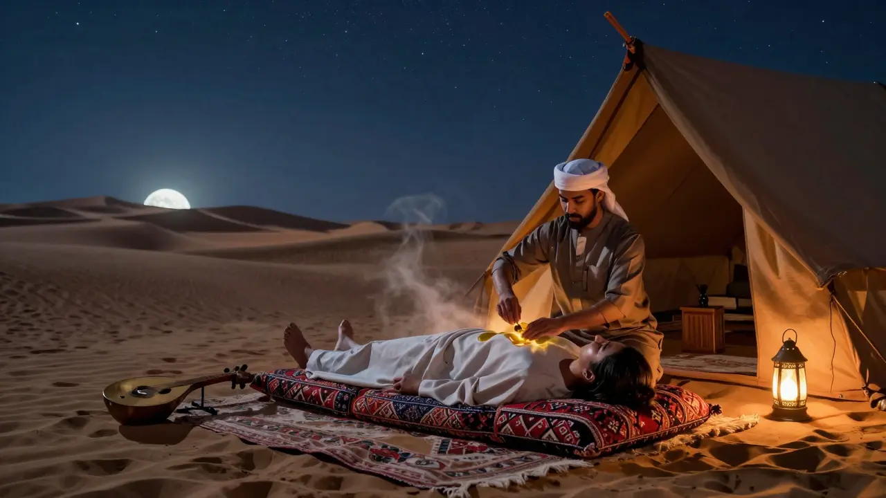 A desert tent under stars where a therapist performs a traditional massage with warm oil and lantern glow.