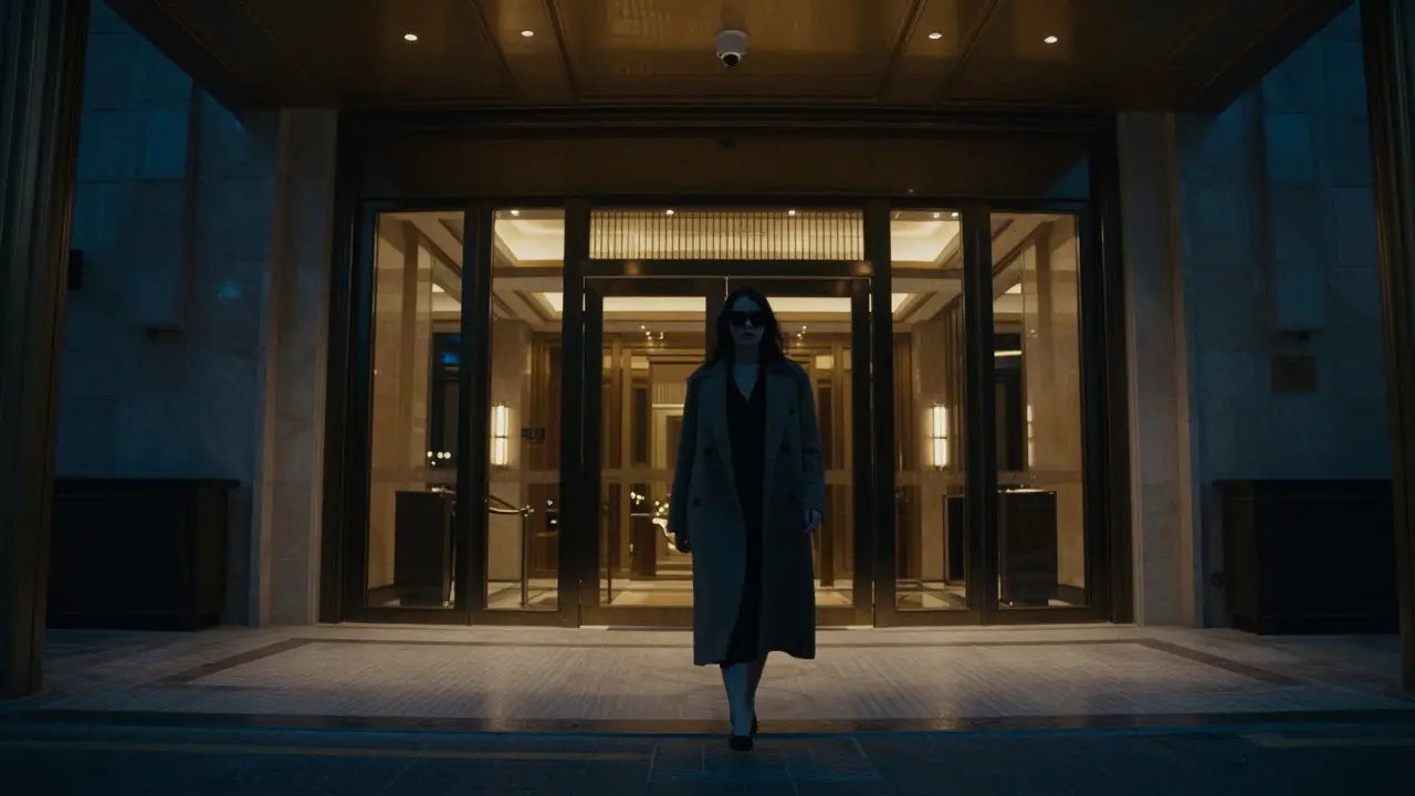 A discreet independent escort walking confidently into a Dubai hotel at night, alone and in control.