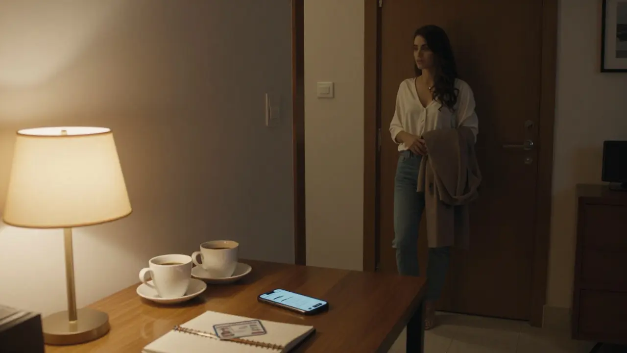 A discreet meeting space in Dubai with a government ID and encrypted messages on a table, conveying trust and caution.