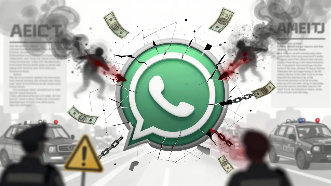 A fractured digital WhatsApp logo made of chains and warning symbols, with falling money turning to ash.