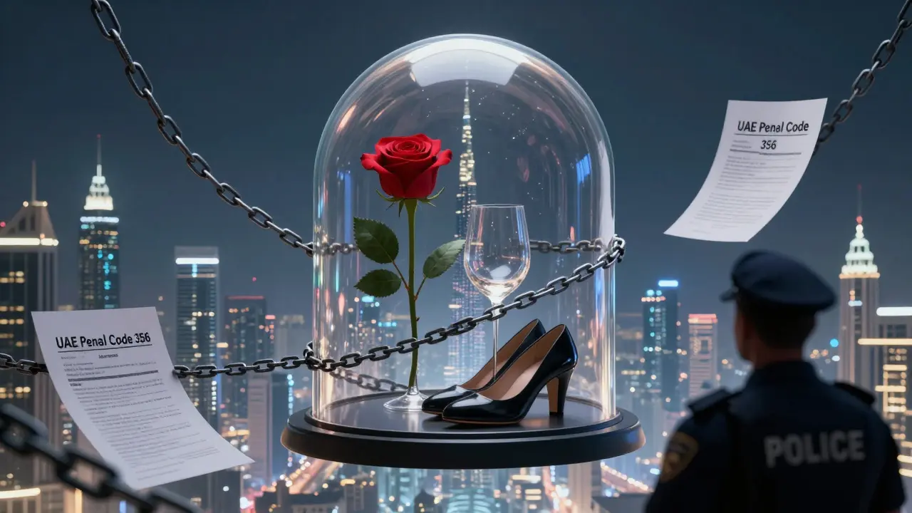 A glass dome containing romantic symbols, bound by legal chains outside, overlooking Dubai&#039;s skyline.