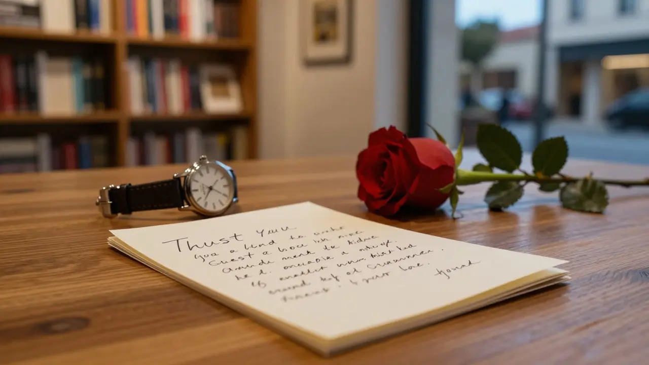 A handwritten note, watch, and rose on a wooden table with bookshelves in background.