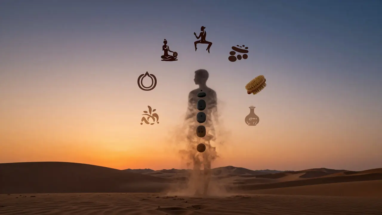 A human silhouette dissolving into mist with symbolic elements of massage techniques floating around the spine.