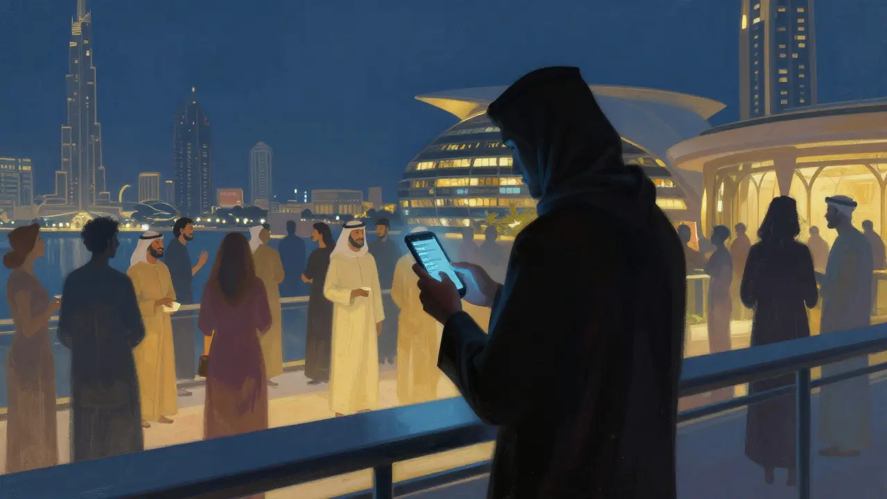 A lone figure on a Dubai rooftop, phone in hand, while joyful social events glow warmly behind them.