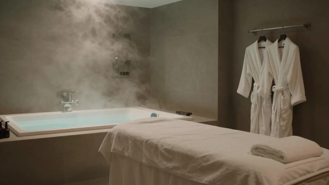 A luxurious spa suite with steaming jacuzzi and massage bed, soft lighting, no people visible.