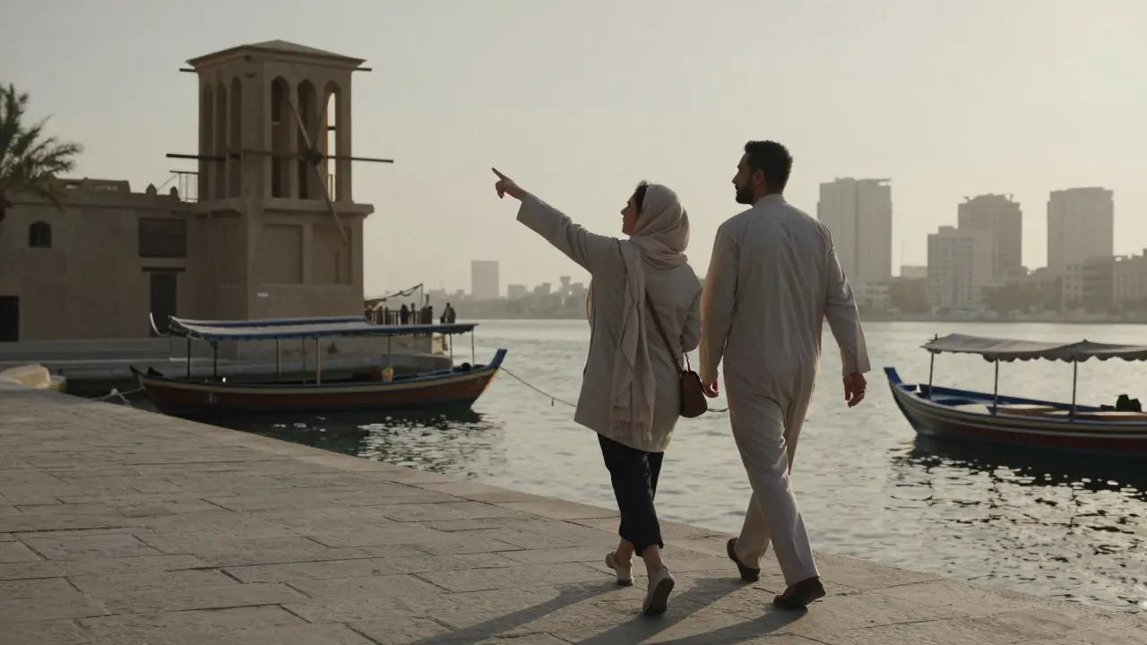 A man and woman walking along Dubai Creek at sunrise, exploring historic architecture together.