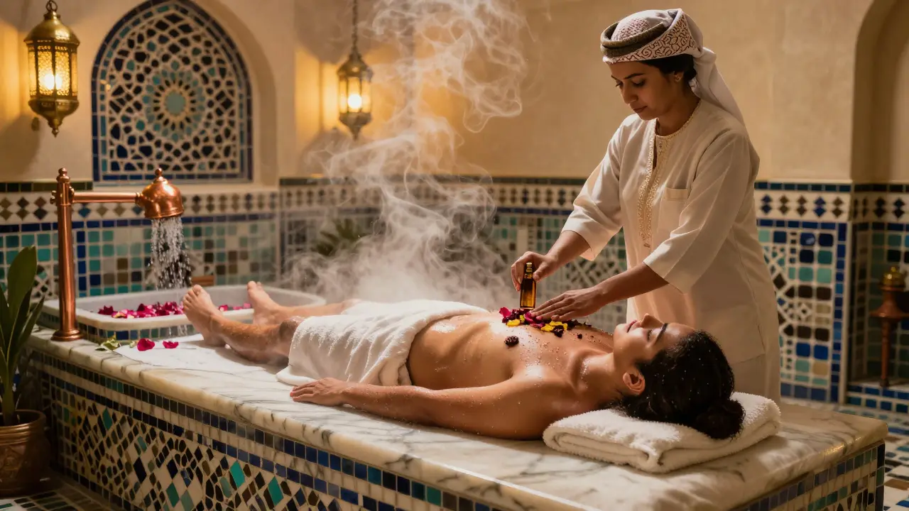 A person undergoing an Arabian Hammam ritual with steam, mosaic tiles, and herbal oils in a luxurious resort setting.