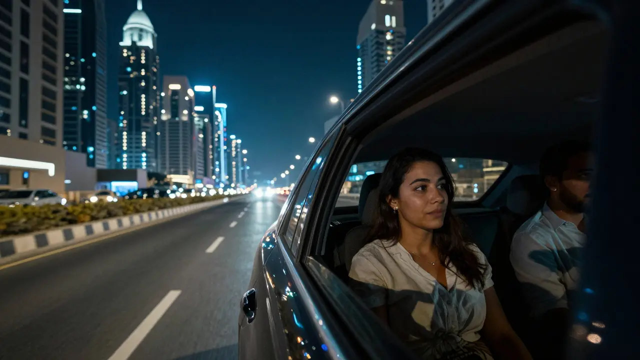 A private car at night in Dubai, two figures riding silently past glowing skyscrapers, evoking calm connection.