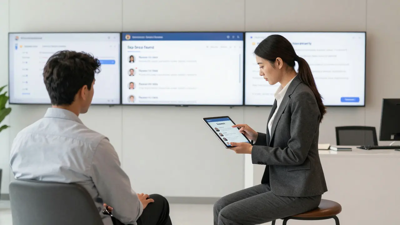 A professional agency office in Dubai with a client reviewing verified companion profiles.