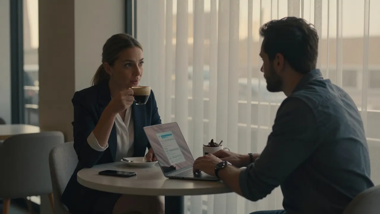 A professional woman and client having a relaxed conversation in a Dubai coffee shop during sunset.