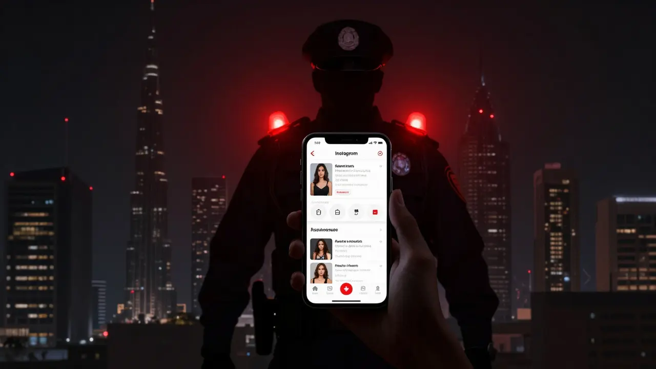 A shadowy figure views fake escort profiles on a phone, with a police silhouette looming behind.