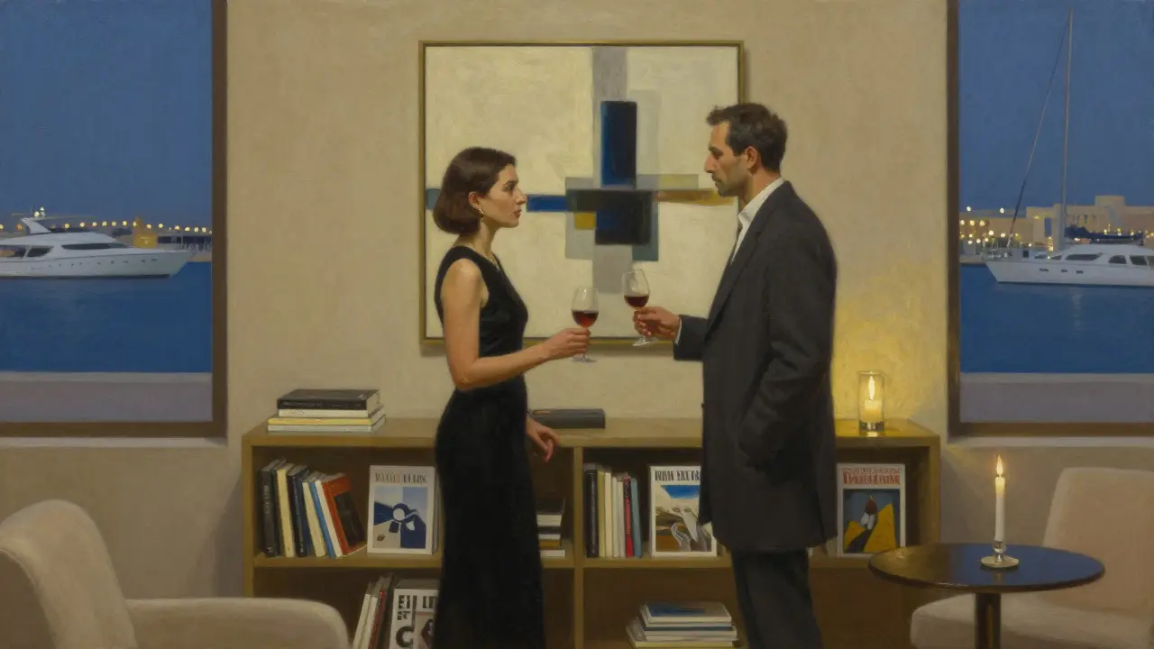 A sophisticated woman offering wine to a man in a private lounge overlooking Dubai&#039;s marina at dusk.