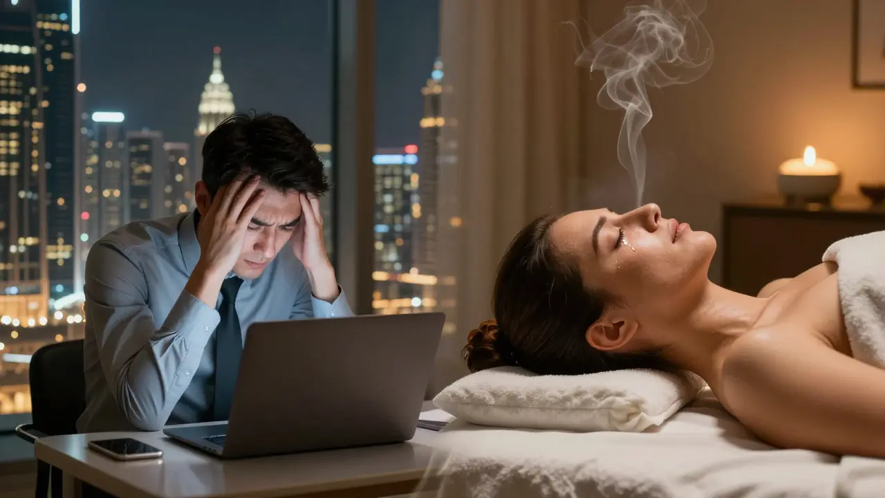 A split image showing a stressed worker transforming into a relaxed person during a massage.