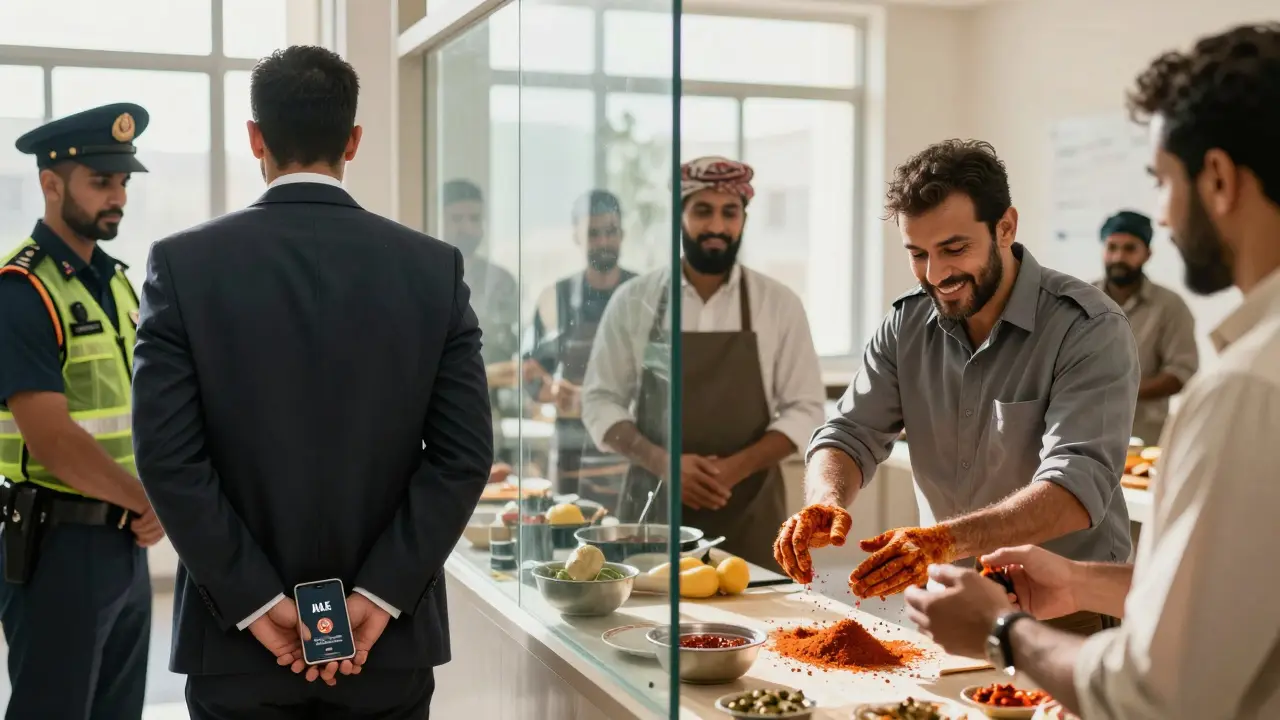 A split scene: one side shows arrest, the other shows a man learning to cook with locals in bright sunlight.