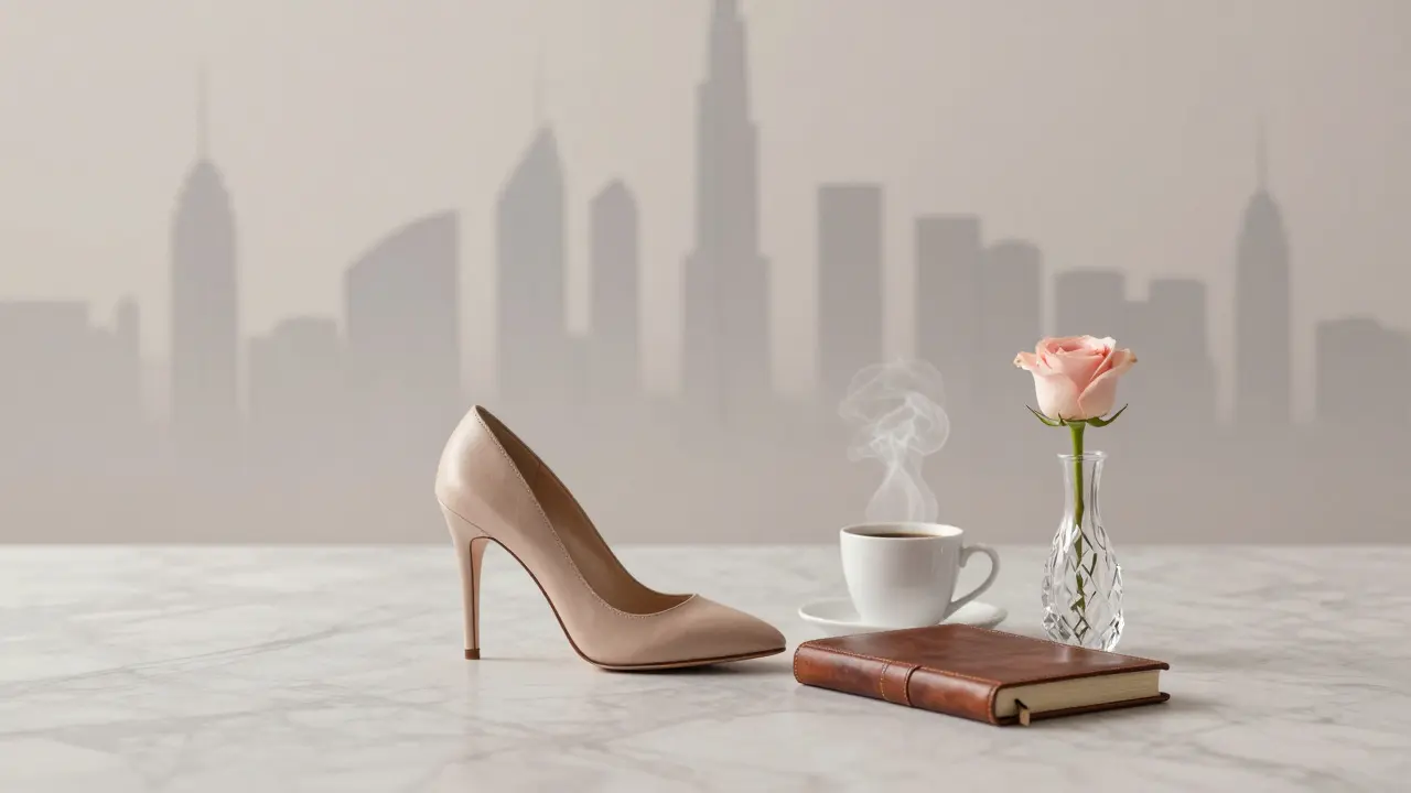 A symbolic still life of a shoe, journal, and coffee cup representing discreet companionship in Dubai.