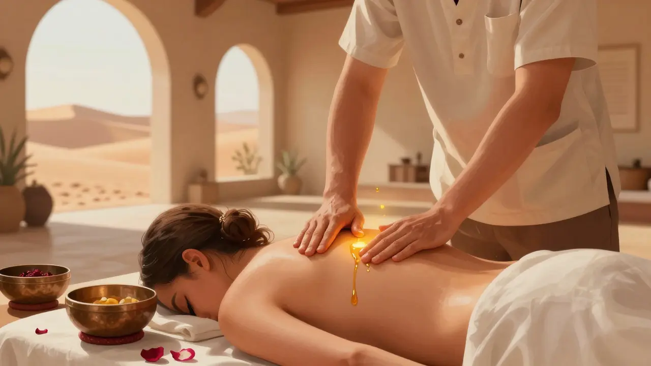 A therapist performing an Ayurvedic massage with warm oils in a desert resort, rose petals and herbal bowls nearby.