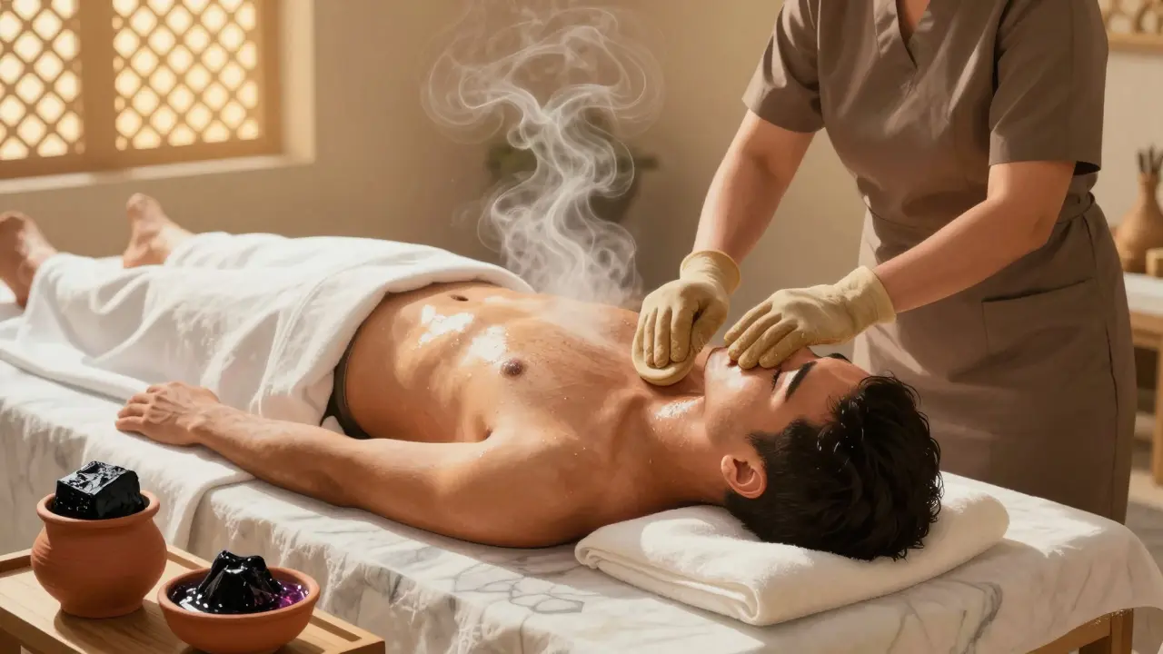 A traditional Arabic hammam ritual with steam, marble, and a therapist using a kessa glove to exfoliate skin.