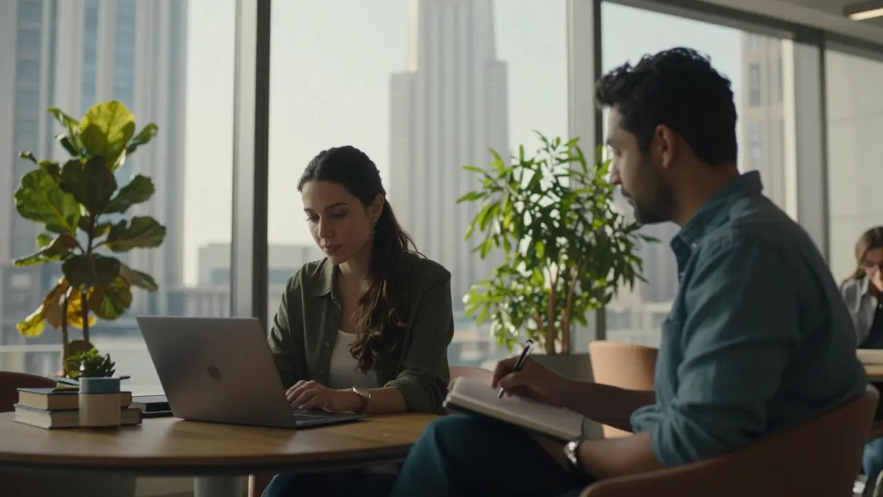 A woman and man sitting in silence at a co-working space in Dubai after hours.