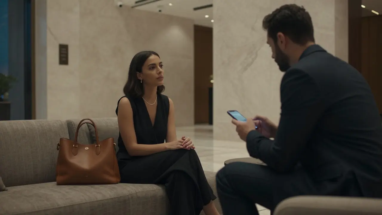 A woman waiting in a hotel lobby in Al Barsha, man approaching hesitantly.