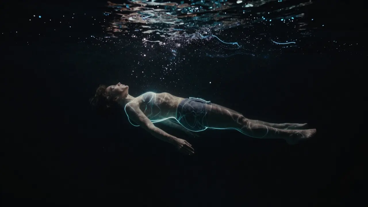 Abstract representation of a human floating in darkness with glowing light trails.