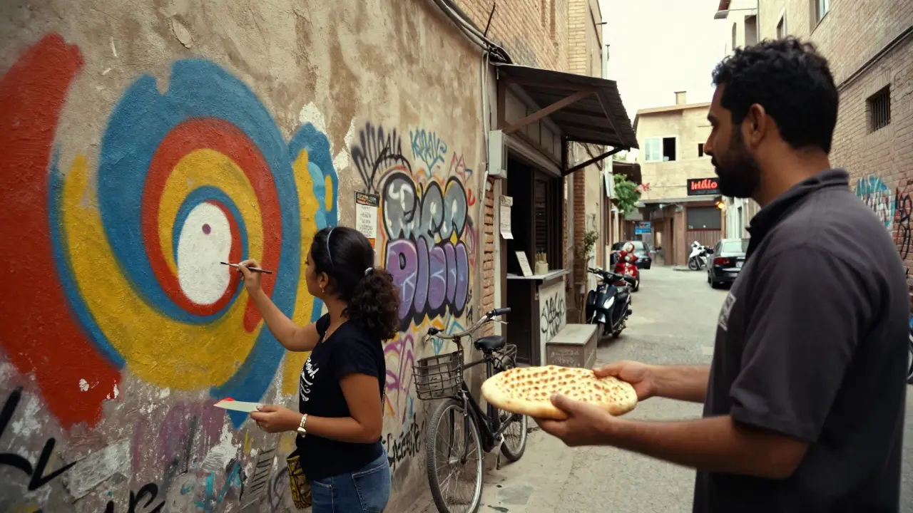 An artist paints a mural in Al Serkal Avenue as a baker hands her fresh bread, colorful graffiti all around.